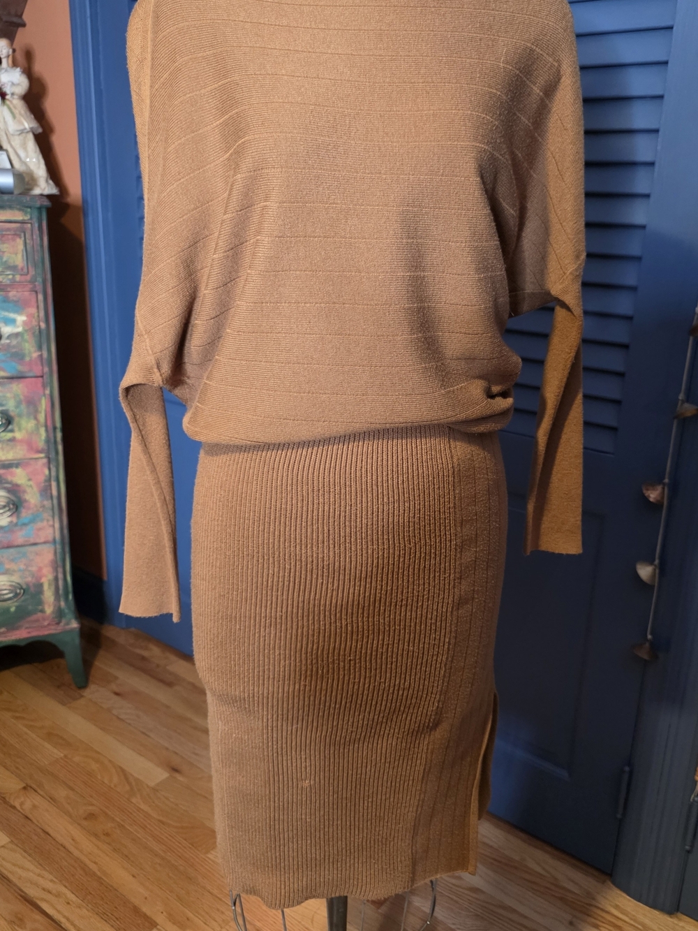 Victor Alfaro Collective RTR Ribbed Sweater Midi Dress Camel Brown S